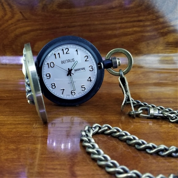 Retired BENRUS 3D Railroad Pocket Watch with Date - Picture 3 of 4